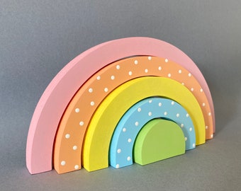 Wooden rainbow, pastel coloured rainbow, nursery decor, freestanding rainbow, shelf accessory, childrens bedroom decor, polka dot rainbow