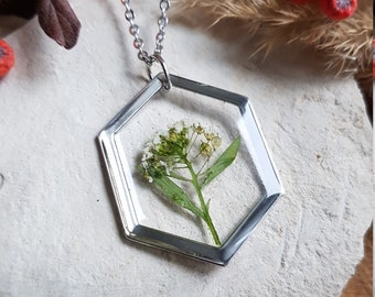 Hexagon pendant dried Alysses flowers. Sold alone or with a chain. Dried flower pendant. Mother's Day gift