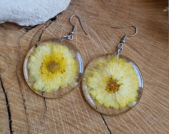 Dried yellow Chrysanthemum flower earrings. Natural dried flower earrings. Mother's Day gift