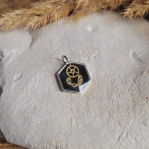 Mini hexagon pendant made of resin and watch parts. Steampunk pendant. Sold alone or with a chain.