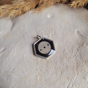 Mini hexagon pendant made of resin and watch parts. Steampunk pendant. Sold alone or with a chain.