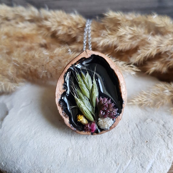 Nut and Dried Flower Pendant. Dried Flower Pendant. Natural Dried