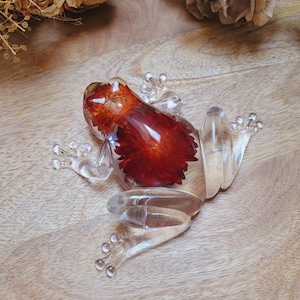 Könnte beinhalten: Eine durchsichtige Glasfroschfigur mit einer gepressten roten Blume im Inneren. Der Frosch sitzt auf einer Holzoberfläche.