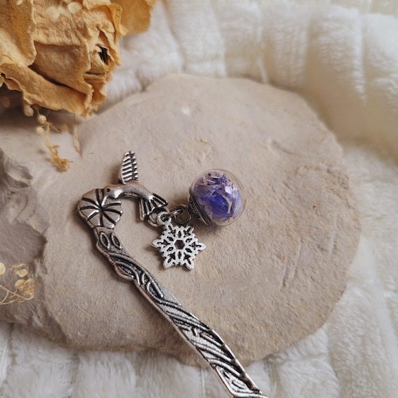 Cornflower Dried Flower Sphere Bookmark. Rod 12 Cm Silver. 