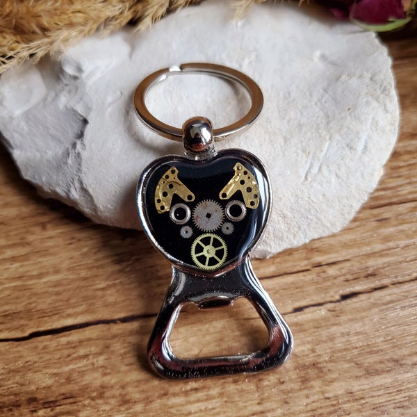 Steampunk bottle opener keyring. Heart key ring. Watch spare parts key ring. Men's key ring. Mother's Day gift