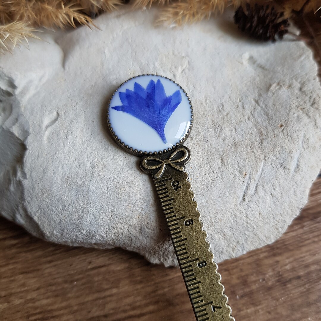 Flower Bookmark Ruler Brass Ruler Bookmark With Floral Medallion - Dried Cornflower Flower ...