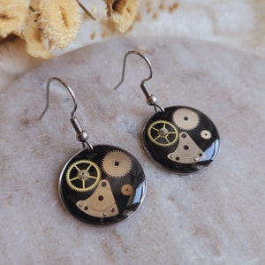 Round earrings made of resin and watch parts. Steampunk earrings.