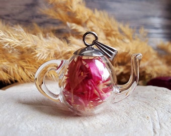 Teapot pendant dried flowers of dark pink cornflowers. Sold alone or with a chain. Dried flower necklace. Mother's Day gift