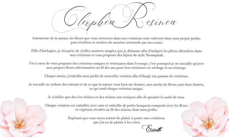 Op de afbeelding: Een tekstgebaseerd beeld met een bloemmotief en de tekst "Olephea Resinca". De tekst beschrijft het proces van de kunstenaar om unieke sieraden te maken met behulp van bloemen en vintage horlogeonderdelen. De kunstenaar gebruikt milieuvriendelijke harsen en werkt met natuurlijke materialen.