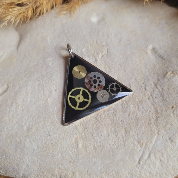 Resin triangle pendant and watch parts. Steampunk pendant. Sold alone or with a chain. Mother's Day gift