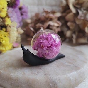 Peut inclure: Une figurine de snail noire portant un globe de verre rempli de pétales de fleurs roses.