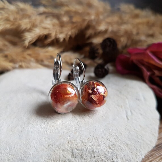 Dried Orange Immortelle Flower Sphere Sleeper Earrings. Dried
