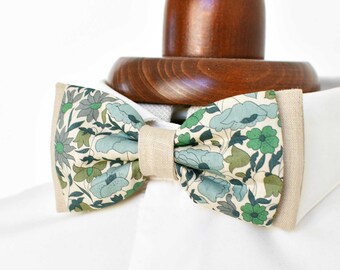 Liberty Poppy and Daisy green bow tie and beige linen | Rustic wedding bow tie for men, children, and babies | Handmade wedding accessory