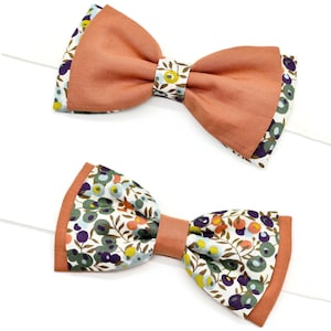 Liberty Lichen green terracotta double bow tie with flowers for men, children, and babies