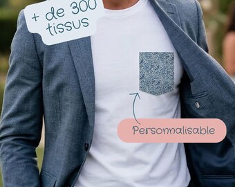 White GOTS organic cotton formal T-shirt with patch pocket, personalized Liberty print or other fabric of your choice