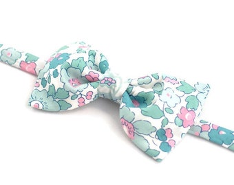 Noeud papillon / Boutons de manchette / Pochette de costume Liberty Betsy mint bleu lagon et rose homme enfant bébé