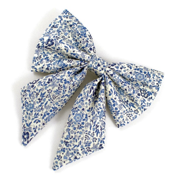 Liberty large bow barrette for children Katie and Millie blue small flowers