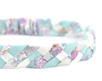 Headband tressé Liberty Betsy vert Celadon mint argent blanc parme coiffure fille femme enfant