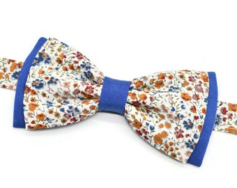 Liberty Phoebe terracotta and blue double flower bow tie for men, children and babies