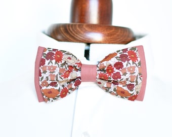 Liberty Poppy Forest hazelnut double terracotta pink bow tie for men, children, and babies