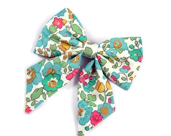 Barrette gros noeud enfant Liberty Betsy turquoise vert fleurs