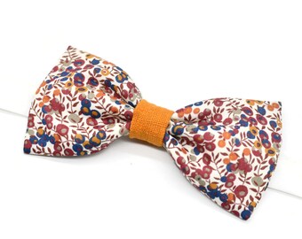 Liberty Wiltshire bud hazelnut and camel linen floral two-tone terracotta bow tie for men, children, and babies