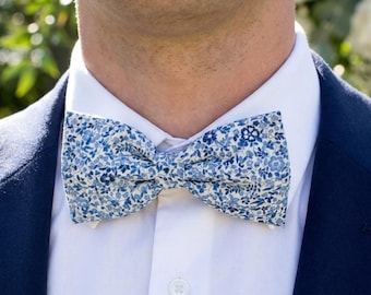 Liberty Katie and Millie blue bow tie with small flowers, men's, children's, and baby designs