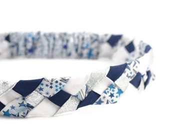 Headband tressé Liberty Adelajda bleu blanc argent bleu marine nuit coiffure fille femme enfant