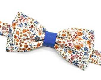 Noeud papillon Liberty Phoebe rouille terracotta et bleu petites fleurs homme enfant bébé