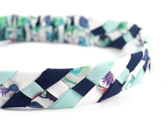 Headband tressé Liberty Bird of paradise vert blanc bleu marine nuit coiffure fille femme enfant