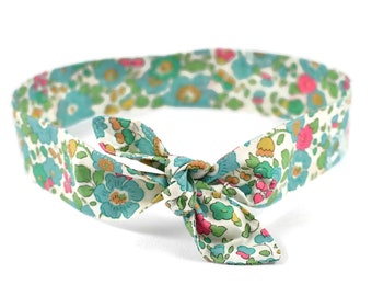 Bandeau à nouer dans les cheveux en Liberty Betsy vert turquoise fleurs bébé enfant femme