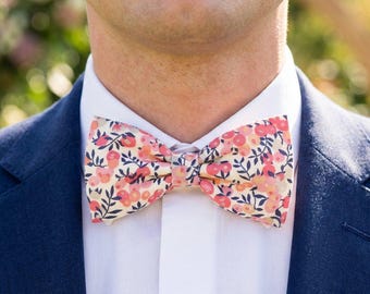 Liberty pink Wiltshire sweet pea bow tie for men, children, and babies