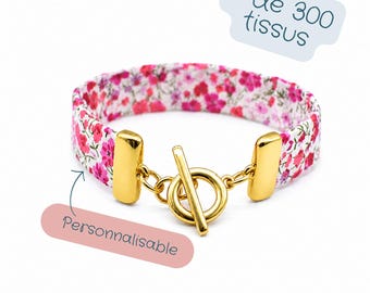 Personalized Liberty fabric bracelet, custom floral cuff, gold toggle clasp, handmade boho women's jewelry gift