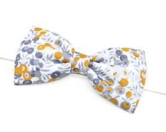 Liberty Wiltshire mustard grey floral bow tie for men, children, and babies