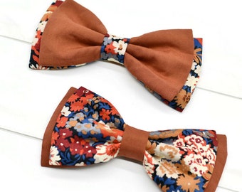 Double bow tie terracotta blue Liberty Thorpe Burnt flowers man child baby