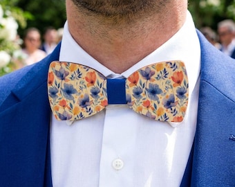 Wooden bow tie with blue flowers