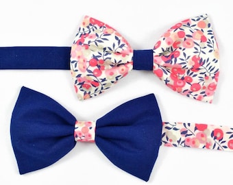 Liberty Wiltshire two-tone bow tie with sweet pea and navy blue print, adjustable for men, adults, teens, children, and babies