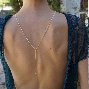 Backless necklace, wedding back long necklace, golden necklace, golden back necklace, wedding jewelry, women's jewelry, women's accessory, ceremony jewelry, backless