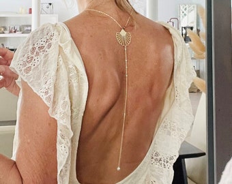 Gold art nouveau back necklace and white pearls, wedding back necklace, bare back necklace