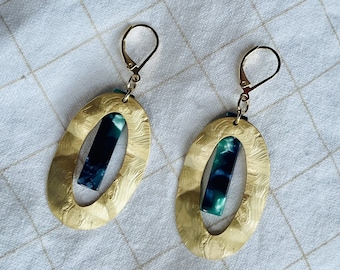 Large oval gold earrings, contemporary earrings, gold and acetate jewelry