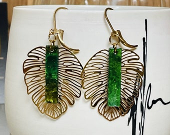 Large exotic leaf earrings, large gold stainless steel earrings, filigree earrings