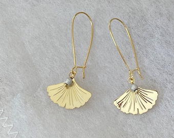 Ginkgo leaf gold earrings and white pearls, long gold and white bridal earrings, wedding jewelry