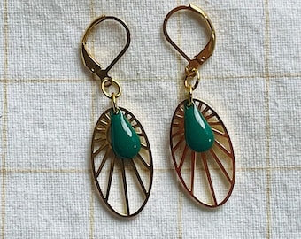 Art deco oval and drop earrings, stainless steel earrings, gold and colored art deco jewelry