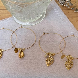 Large gold tassel and pearl hoop earrings, gold leaf or shell hoop earrings
