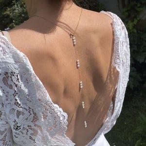 Gold wedding back necklace with small heart beads, gold and white wedding backless necklace, wedding jewelry