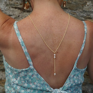 Wedding back necklace, wedding back long necklace, gold and white necklace, pearl gold back necklace, wedding jewelry, women&#39;s jewelry, backless accessory