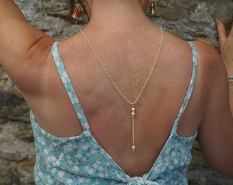 Wedding back necklace, wedding back long necklace, gold and white necklace, pearl gold back necklace, wedding jewelry, women's jewelry, backless accessory