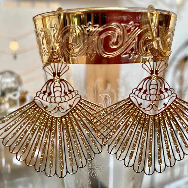 Boucles d'oreilles art nouveau en acier inoxydable, grandes boucles d'oreilles fines et raffinées doré