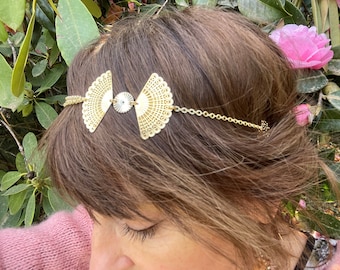 Headband gold eventail pattern, head jewelry bridal hairstyle, headband jewelry for wedding