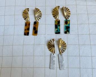 Pleated half circle and colorful rectangle earrings, stainless steel stud earrings, art deco spirit earrings